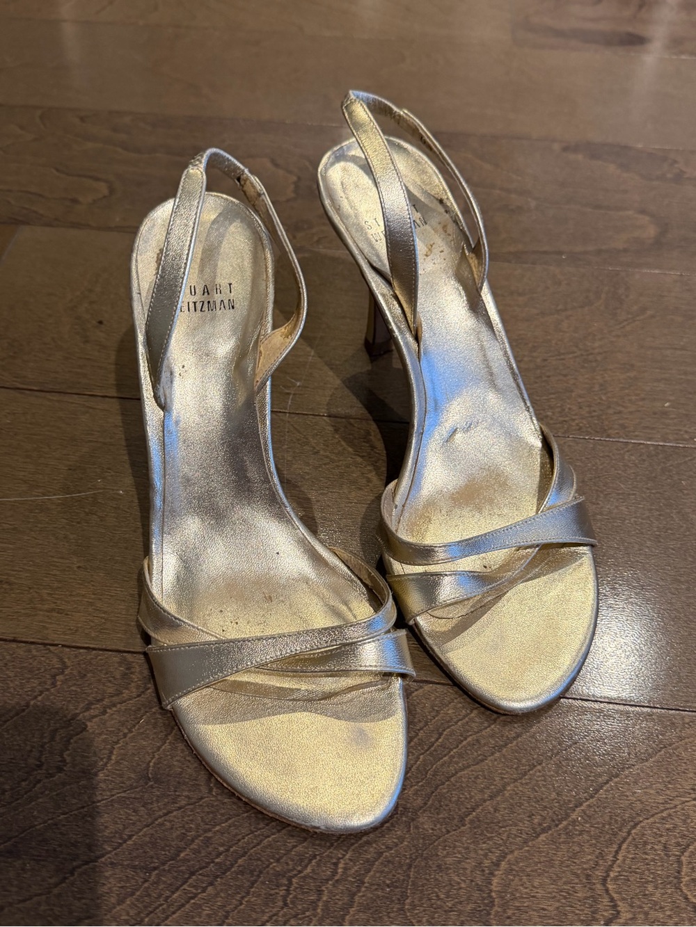 Stuart Weitzman Metallic Gold Strappy Slingback Heels
